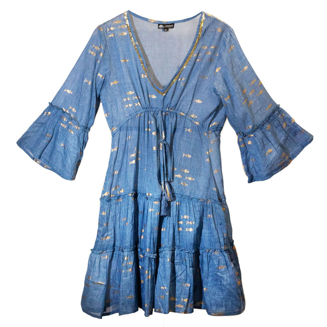 Nomad Sari Sea Blue & Gold Fish Print Dress (M/L)