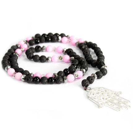 Hamsa / Pink & Black - Gemstone Lava Rock, Hematite Necklace [Free UK delivery]