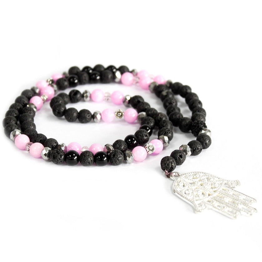 Hamsa / Pink & Black - Gemstone Lava Rock, Hematite Necklace [Free UK delivery]