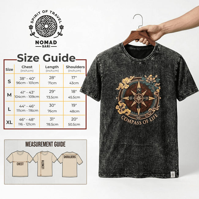 Nomad Sari Stonewashed Cotton T-Shirt - Compass of Life - Charcoal - Medium