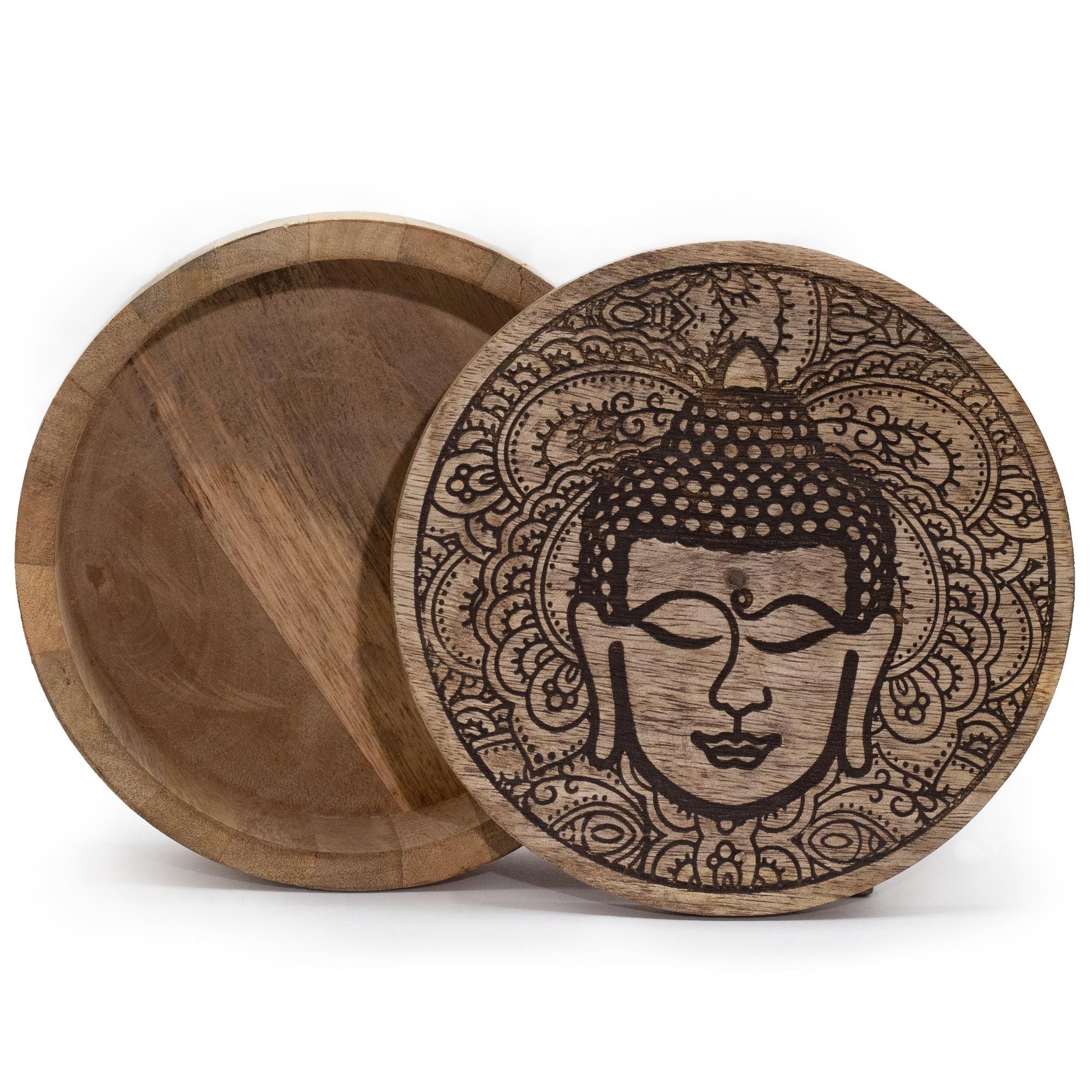 Big Round Wood Box 17.5 x 7.5cm - Buddha Face Black Engraved