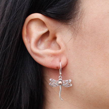 925 Silver & 18 K Gold Earring - Dragonflies Bali Jewellery