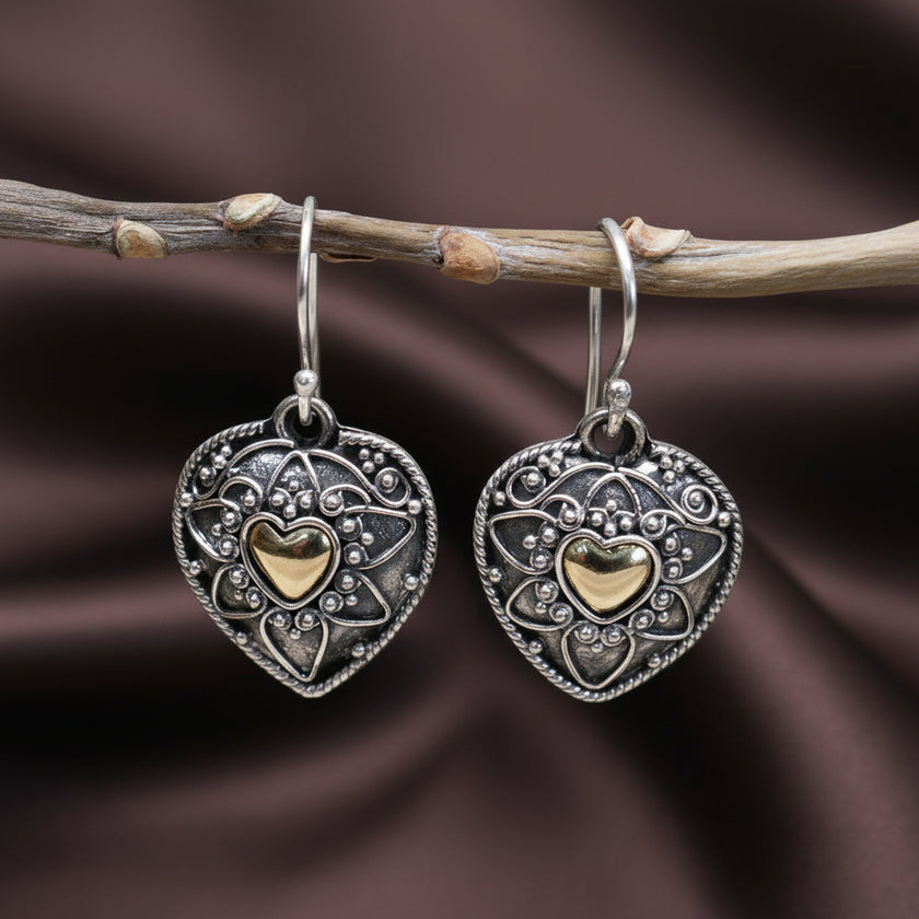 Authentic 925 Silver & 18 K Gold Earring's  Mandala Heart's Bali Jewellery