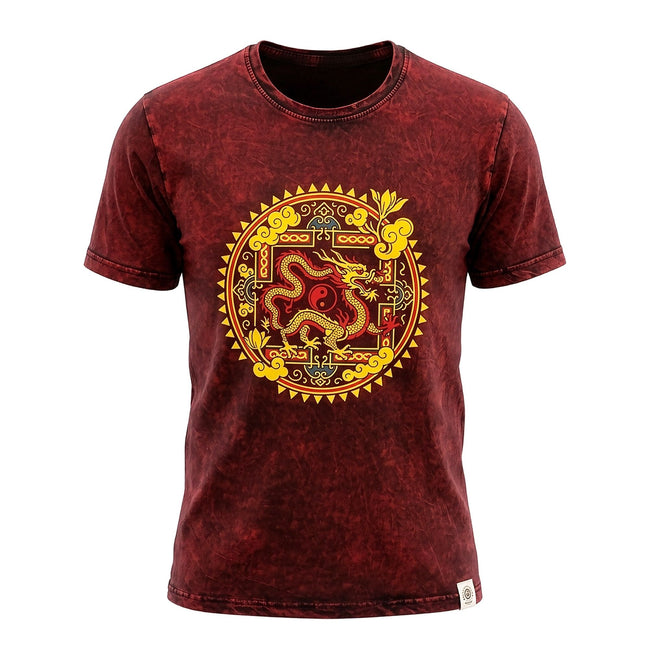 Nomad Sari Stonewashed Cotton T-Shirt - Dragon Mandala - Maroon - Medium