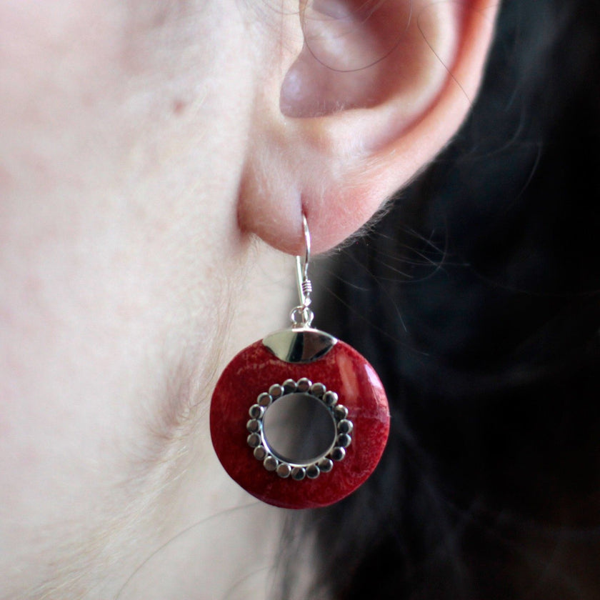 925 Silver Red Circle Dangle Earrings - Do-nuts