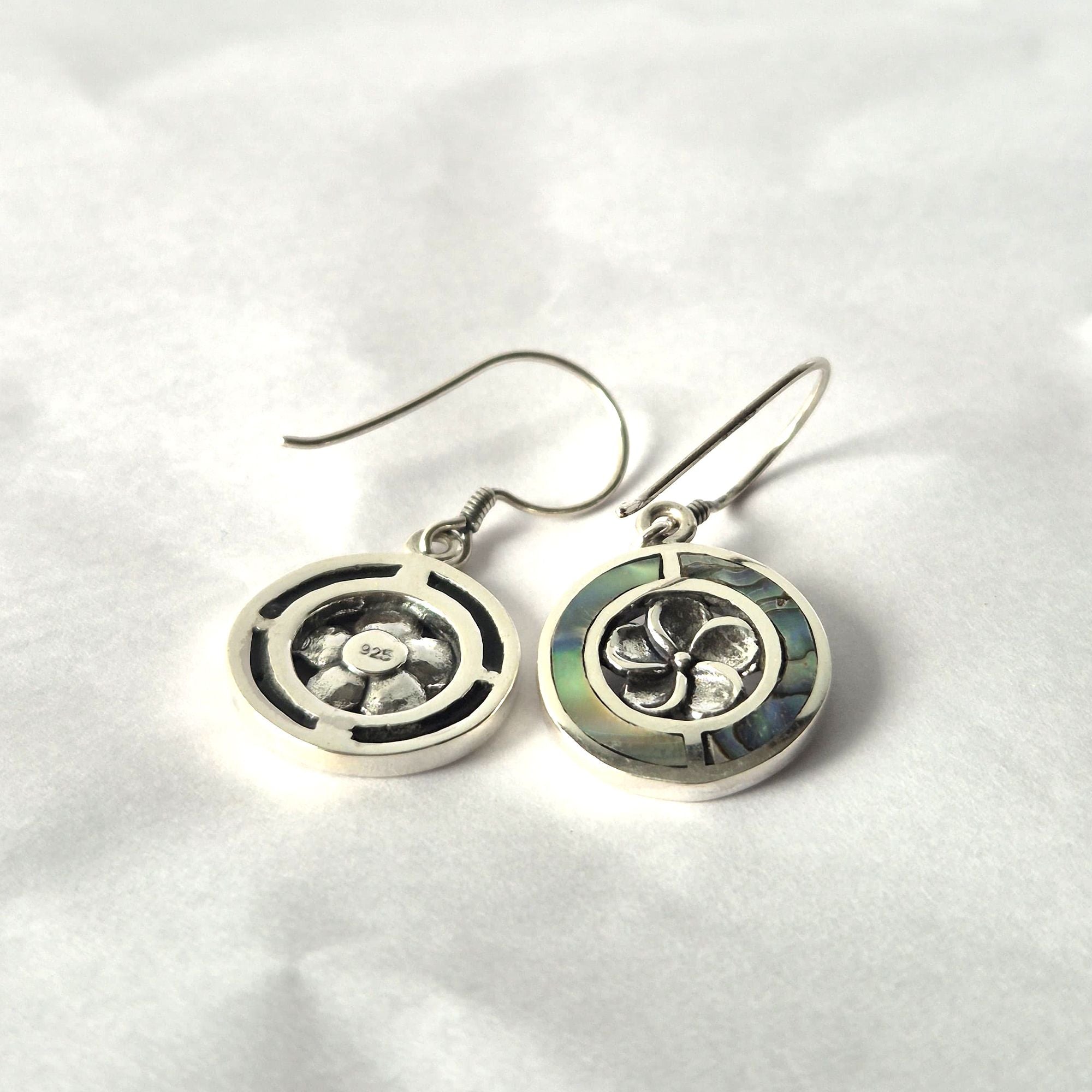 Shell & 925 Silver Dangle Earrings - Frangipani - Abalone