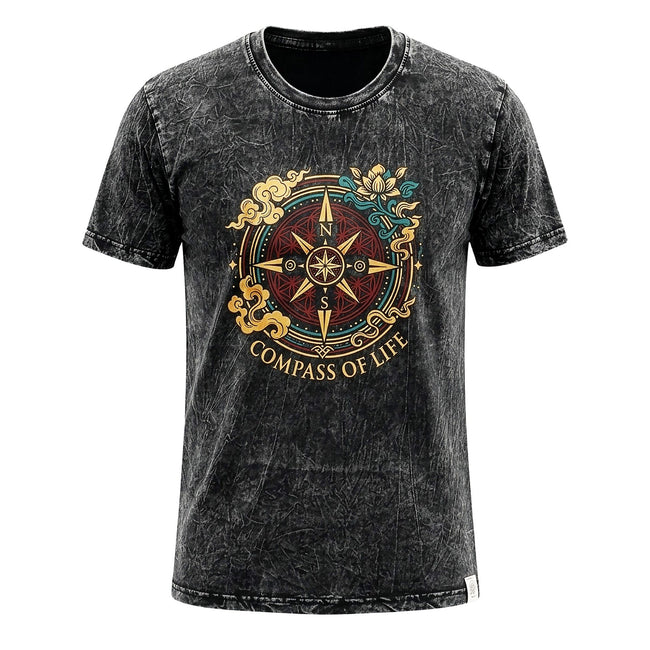 Nomad Sari Stonewashed Cotton T-Shirt - Compass of Life - Charcoal - Medium