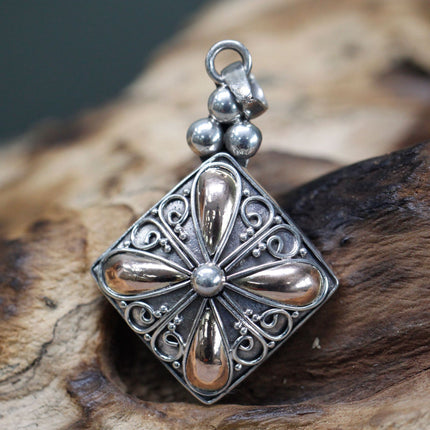 Authentic 925 Silver & Gold Square Drop  Pendant Bali Jewellery with Gift Box