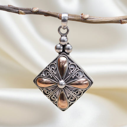 Authentic 925 Silver & Gold Square Drop  Pendant Bali Jewellery with Gift Box