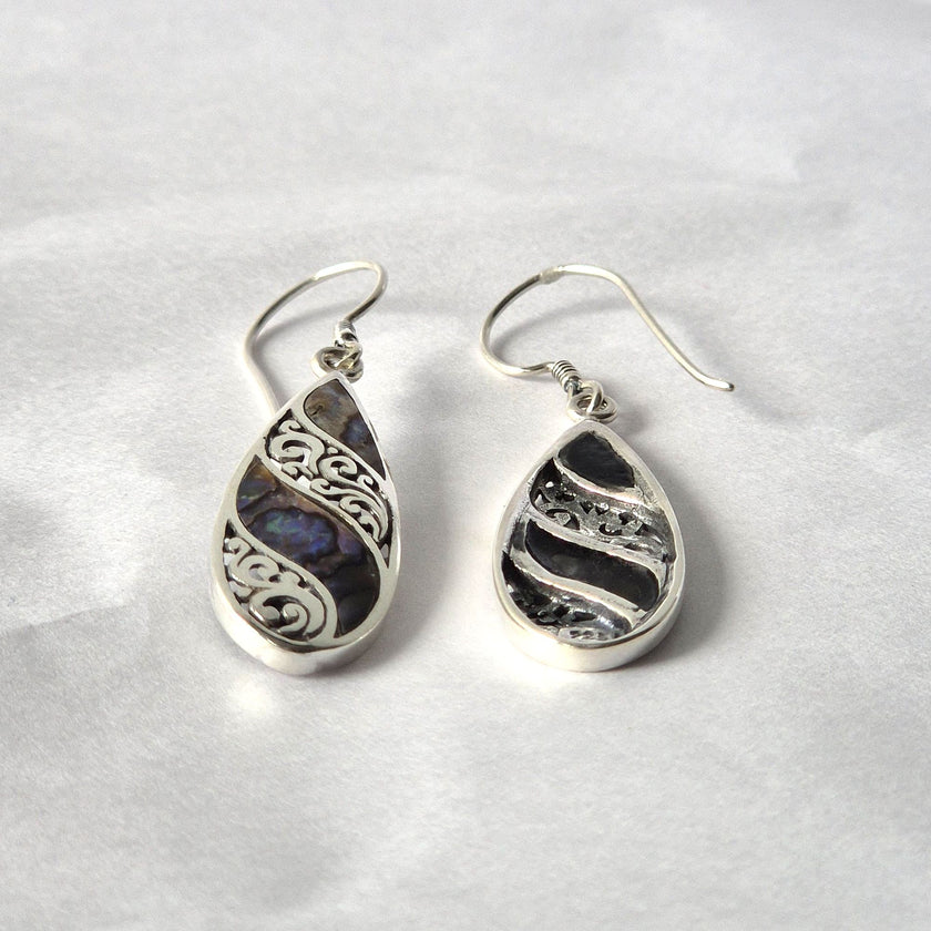 Shell & 925 Silver Earrings - Long Teardrop - Abalone