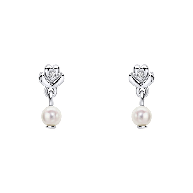 D For Diamond Flower Stud Earrings with Freshwater Pearl Drop and Diamond-0
