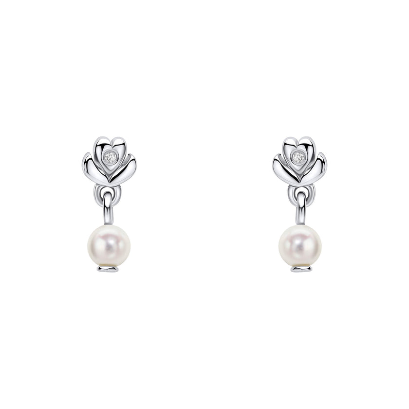 D For Diamond Flower Stud Earrings with Freshwater Pearl Drop and Diamond