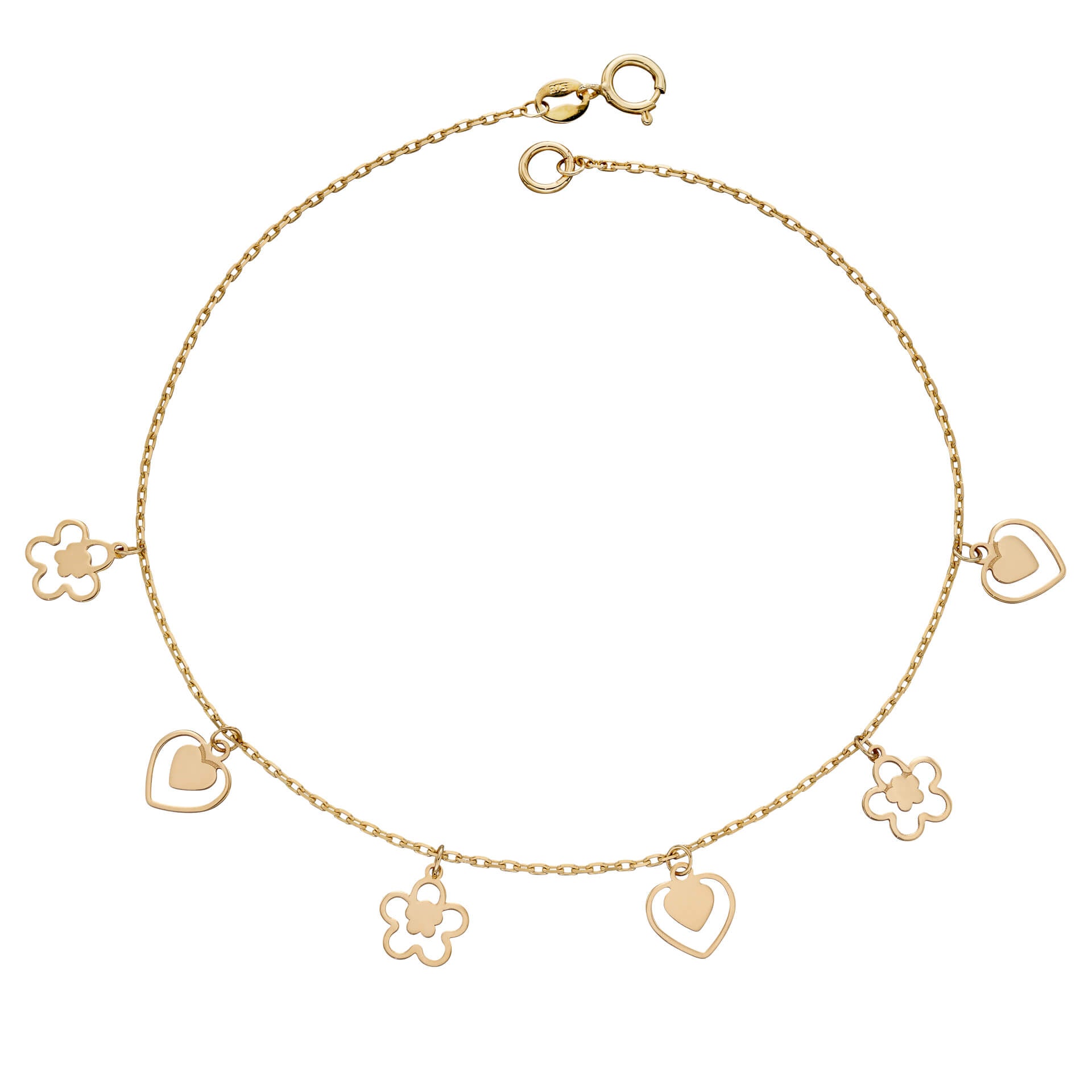 Elements Gold Heart and Flower Charm Bracelet 9 Ct Yellow Gold