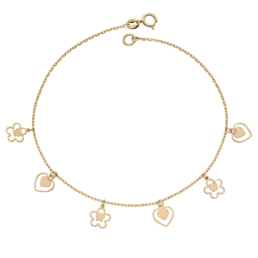 Elements Gold Heart and Flower Charm Bracelet 9 Ct Yellow Gold