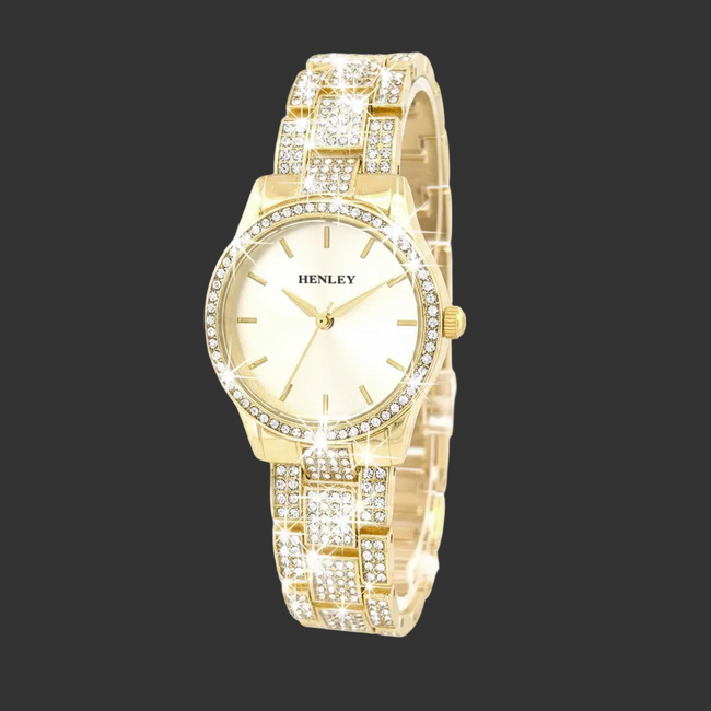 Henley Ladies Fashion Bling Silver Dial & Gold Diamante Bracelet Watch H07343 presentation Gift Box