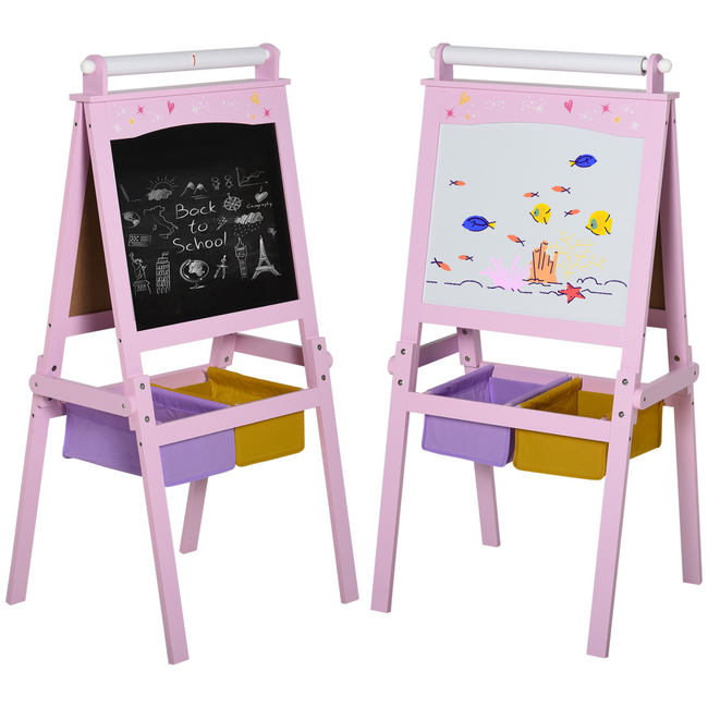 Kids Wooden Art Easel with Paper Roll Double-Sided Chalkboard, board HOMCOM