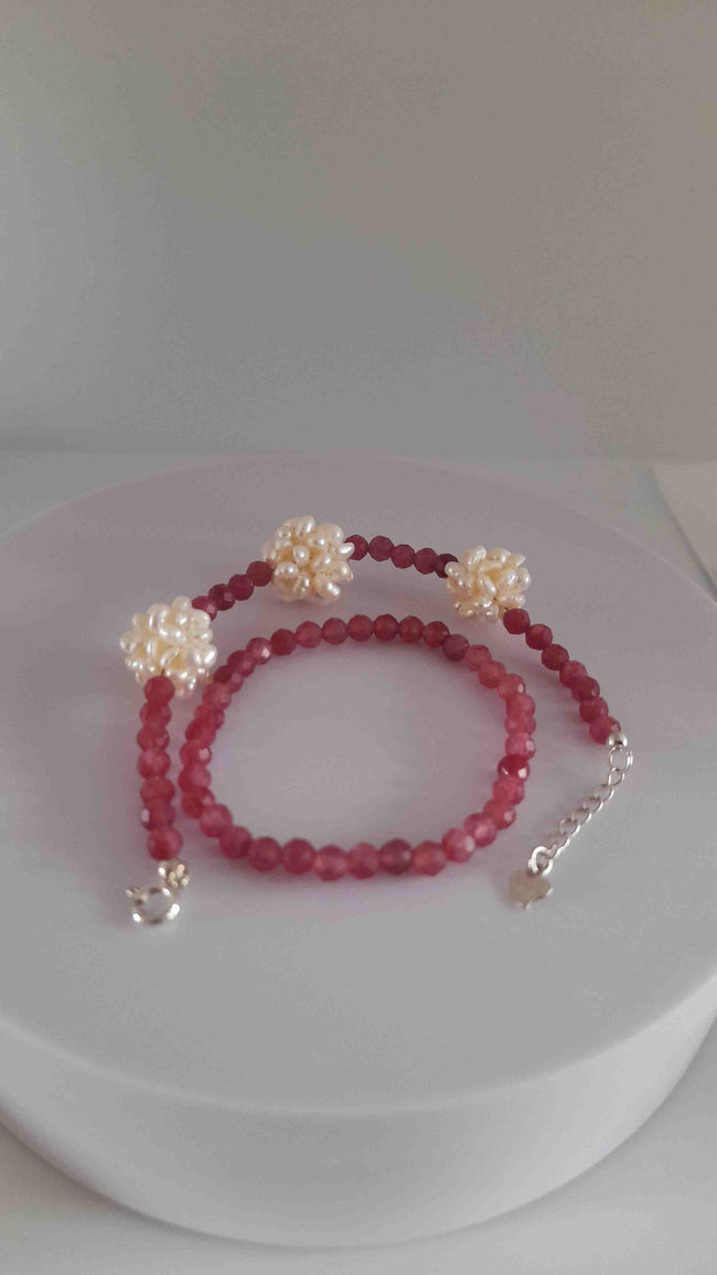 Pink Rubellite Pearl Charm Beads  925 Sterling Silver Bracelet Set