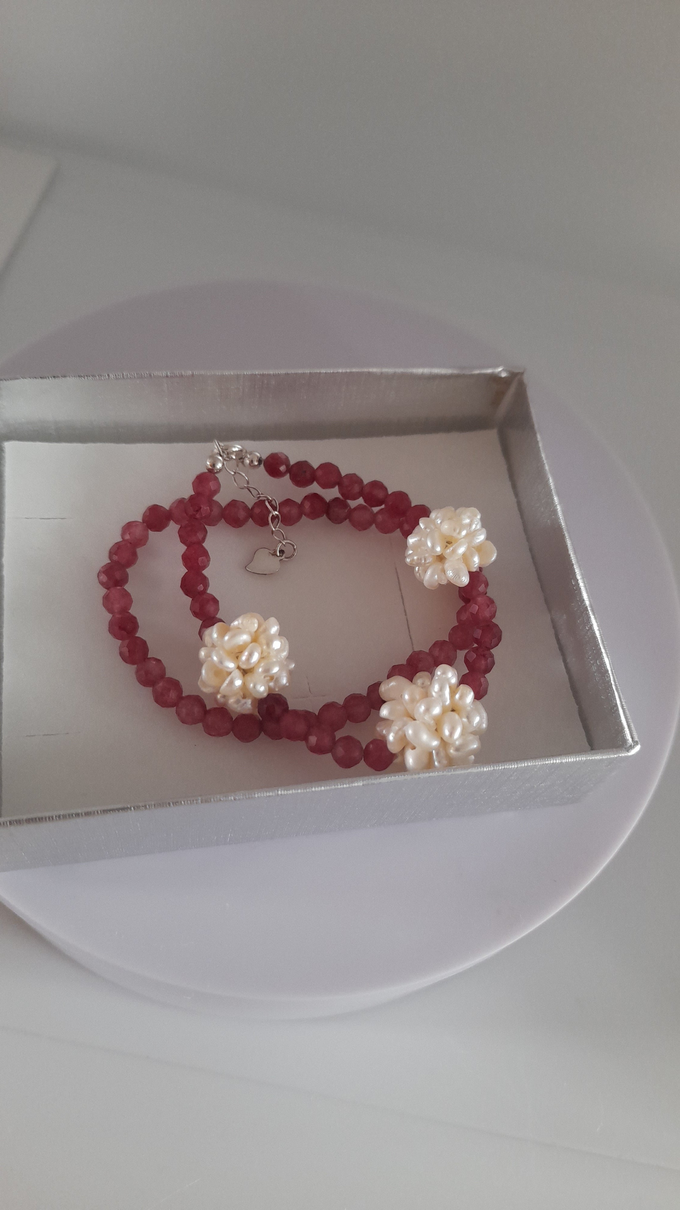 Pink Rubellite Pearl Charm Beads  925 Sterling Silver Bracelet Set