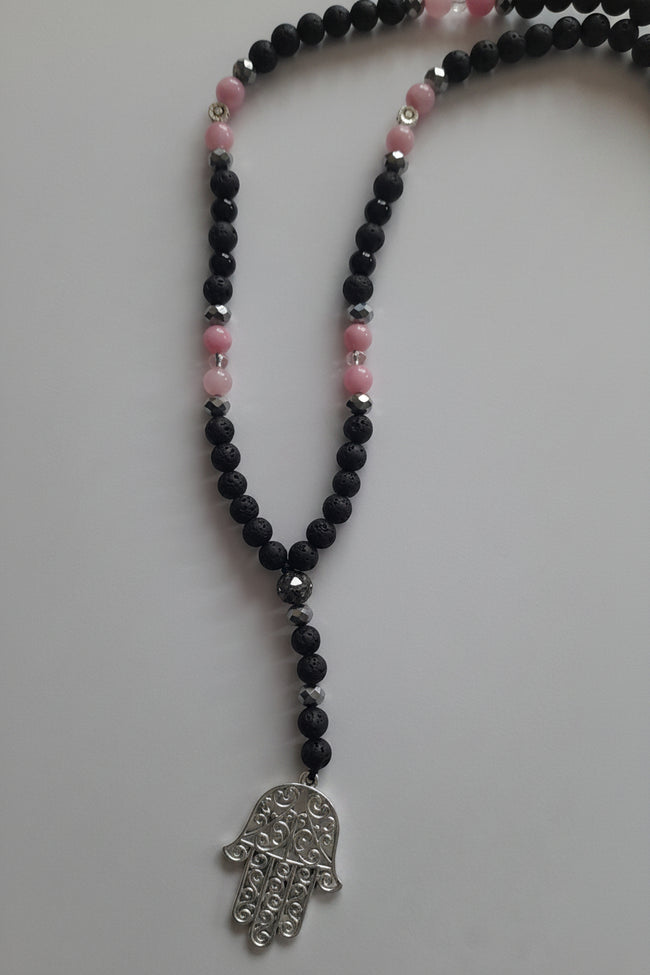 Hamsa / Pink & Black - Gemstone Lava Rock, Hematite Necklace [Free UK delivery]